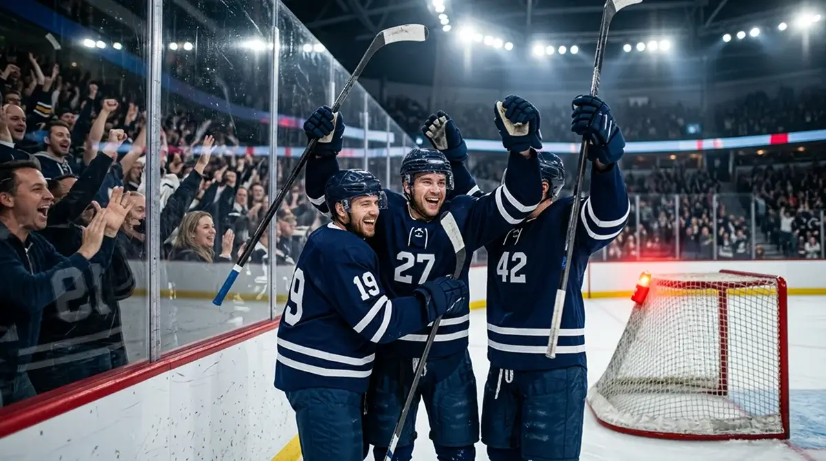 Ice hockey players celebrating a goal during a regular-season match
