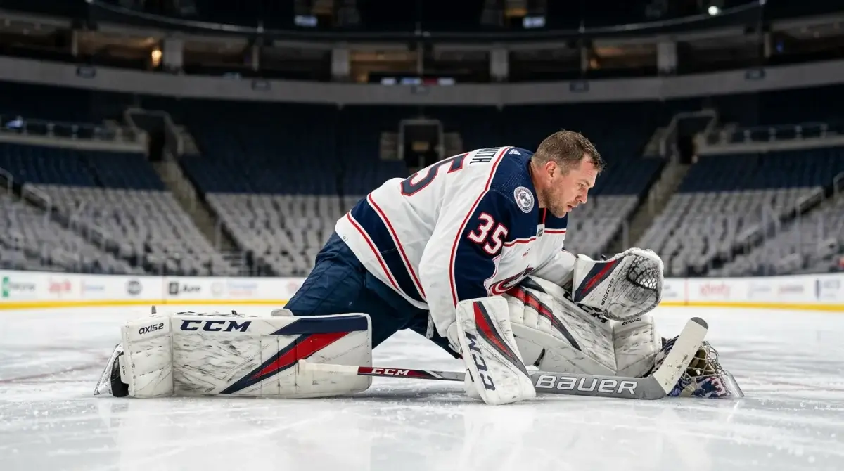 NHL goaltender stretching during pre-game warm-up in full pads on the ice