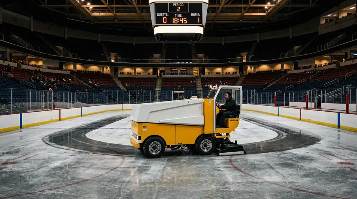Zamboni resurfacing the ice between periods during intermission