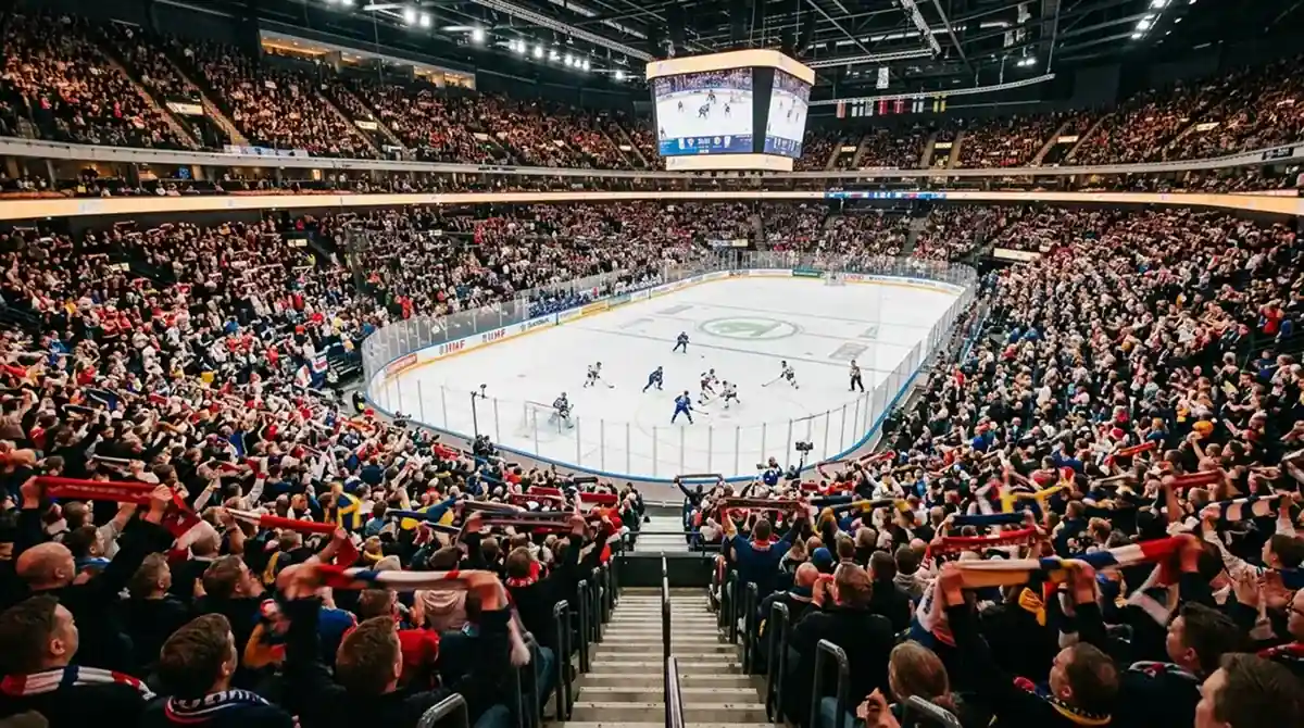 Packed Scandinavian ice hockey arena during IIHF World Championship sold-out match