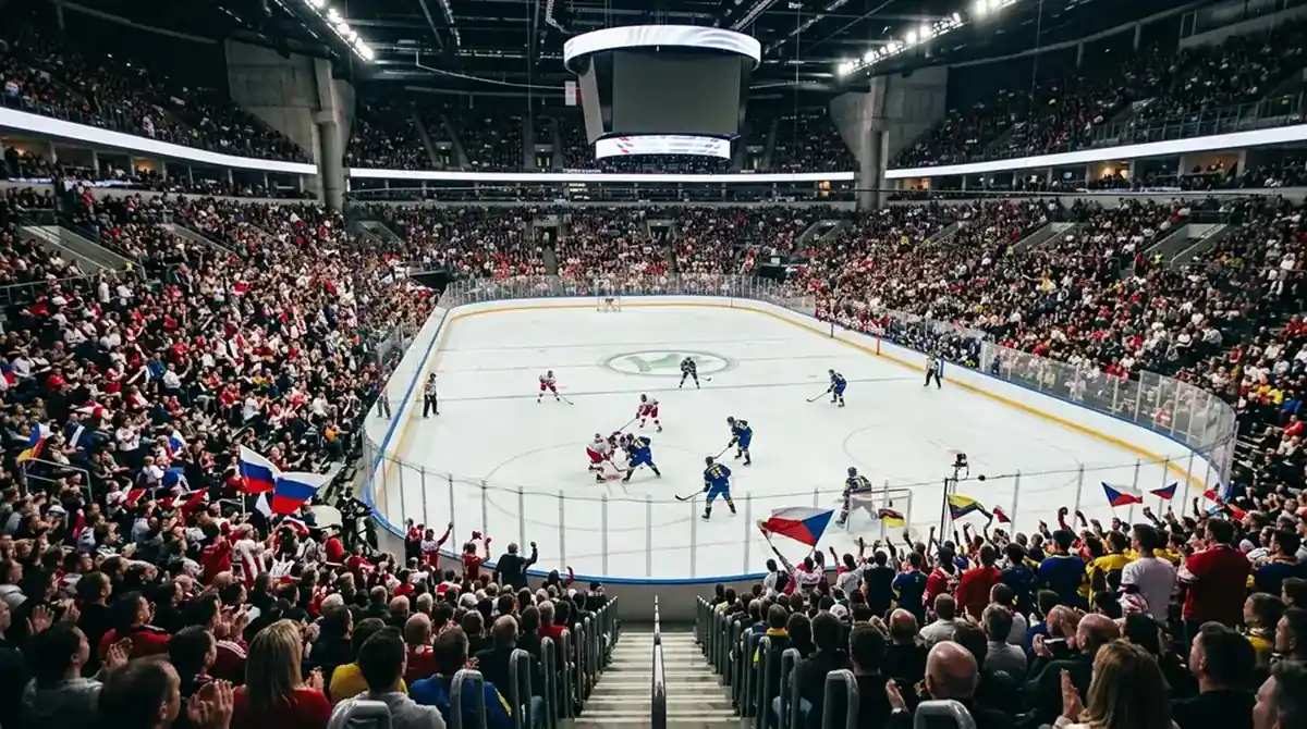 IIHF World Championship arena packed with fans during a knockout game