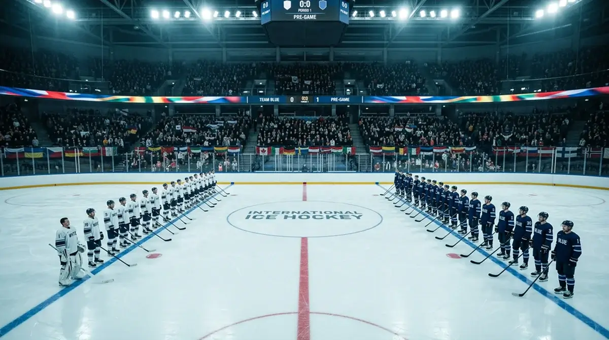 International ice hockey players lined up at centre ice during the national anthems before a tournament match