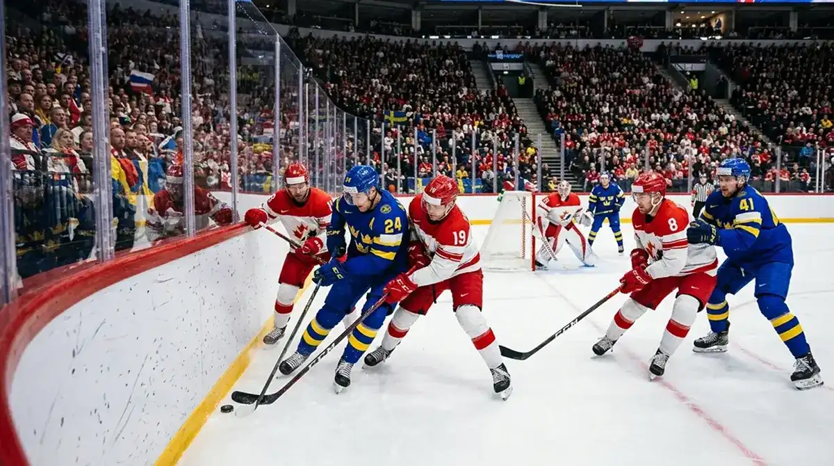 IIHF World Championship ice hockey match action with European players on Olympic rink