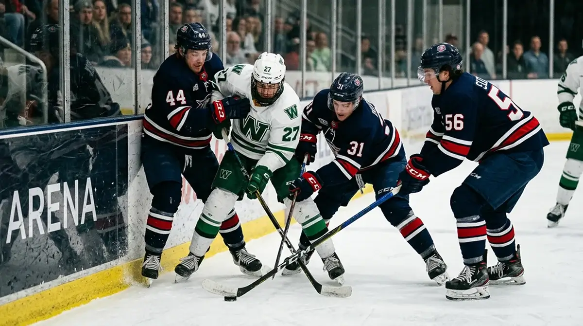 Finnish hockey players holding tight defensive zone coverage