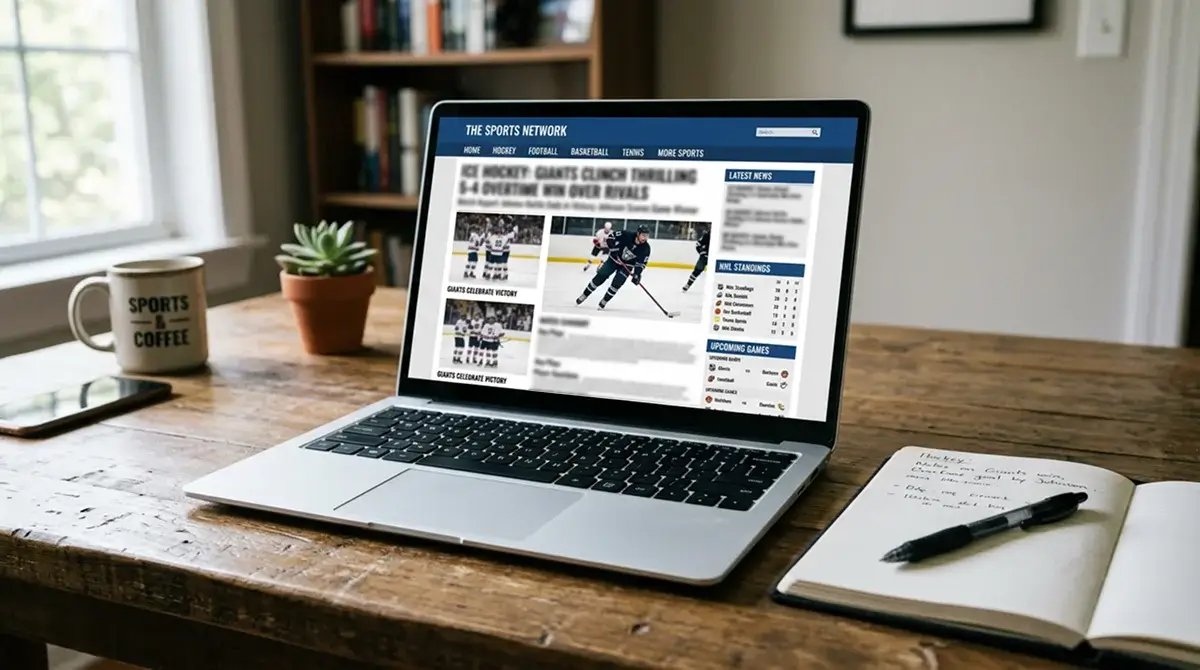 Liiga official website English-language section on laptop