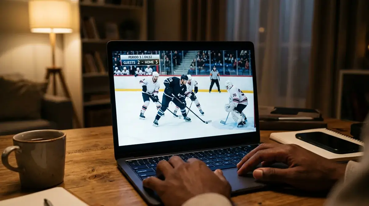 Laptop screen showing live ice hockey game with countdown clock visible