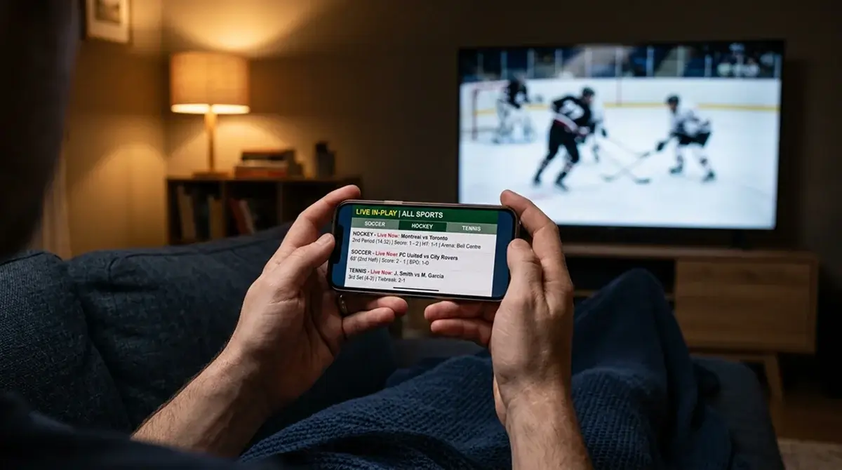 Smartphone displaying live in-play ice hockey betting markets during a televised game