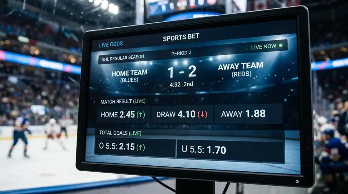 Sportsbook screen showing live odds updating in real time during an ice hockey game
