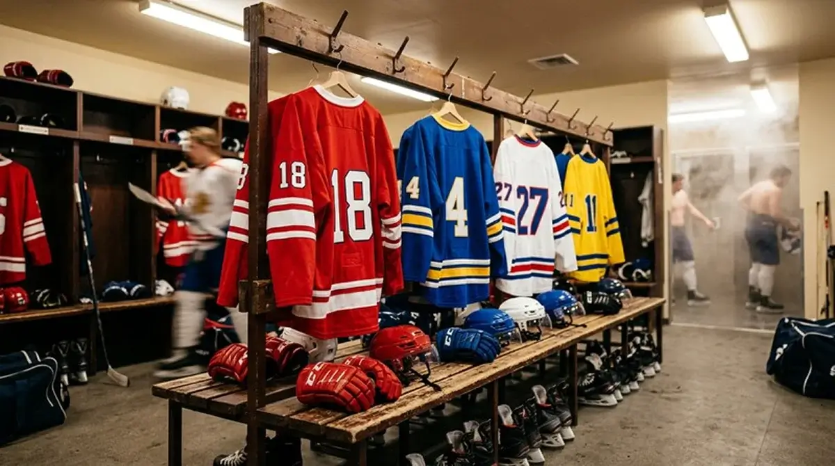 National-team ice hockey jerseys hung in a tournament locker room