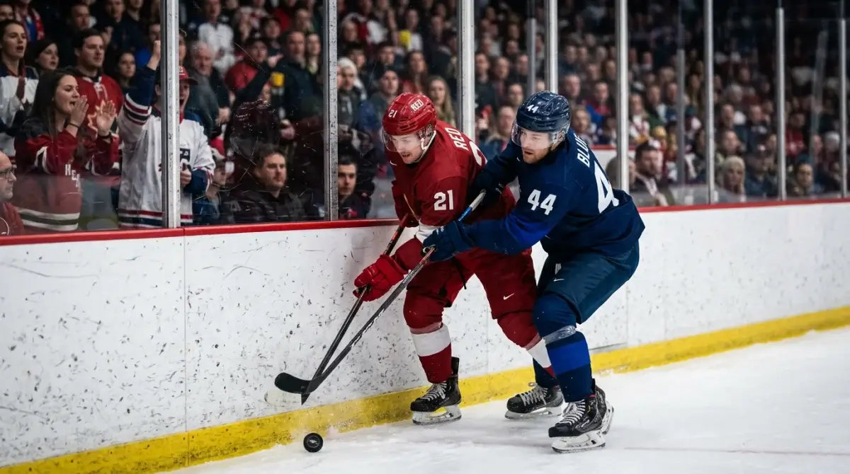 Best-on-best international ice hockey moment with national-team players battling for the puck
