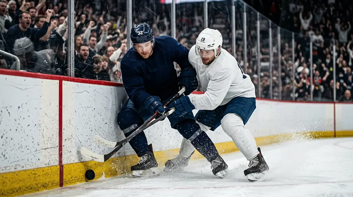 Packed NHL arena during a regular-season game with overhead lighting