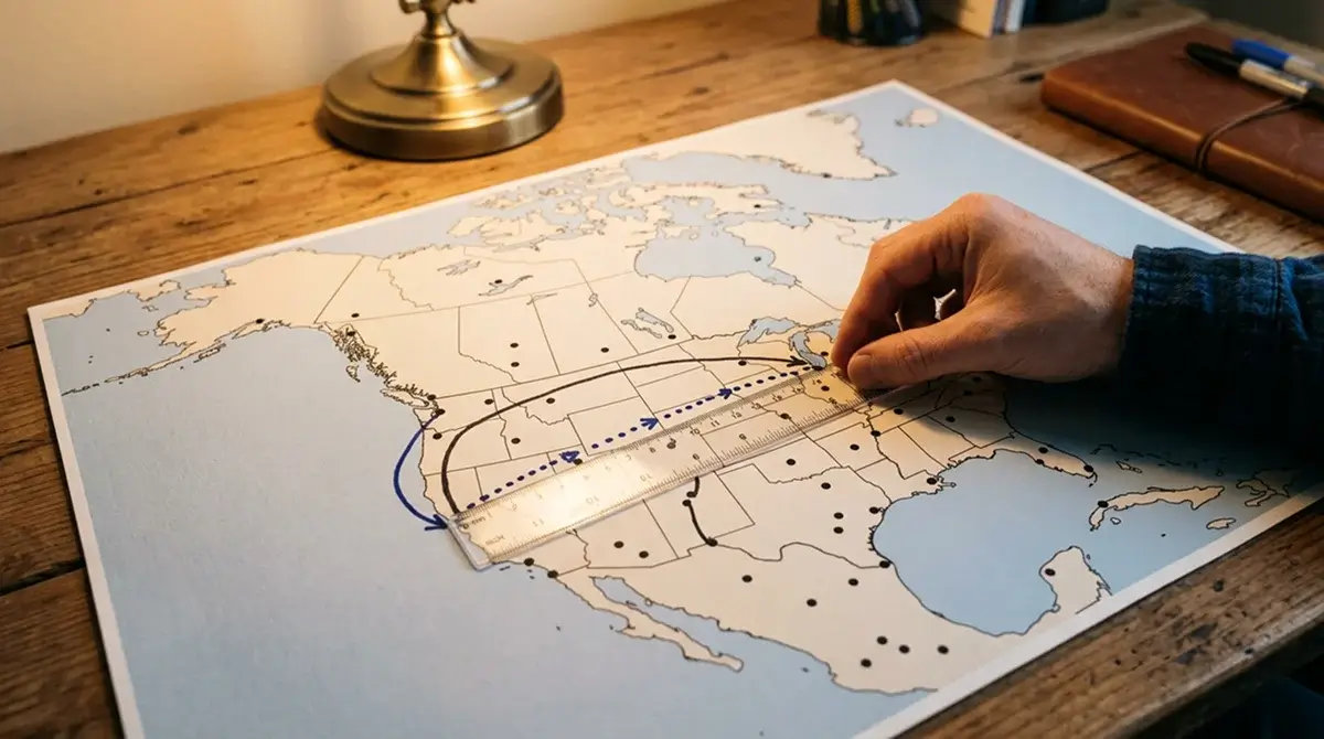 Map showing distances between NHL arenas for travel analysis