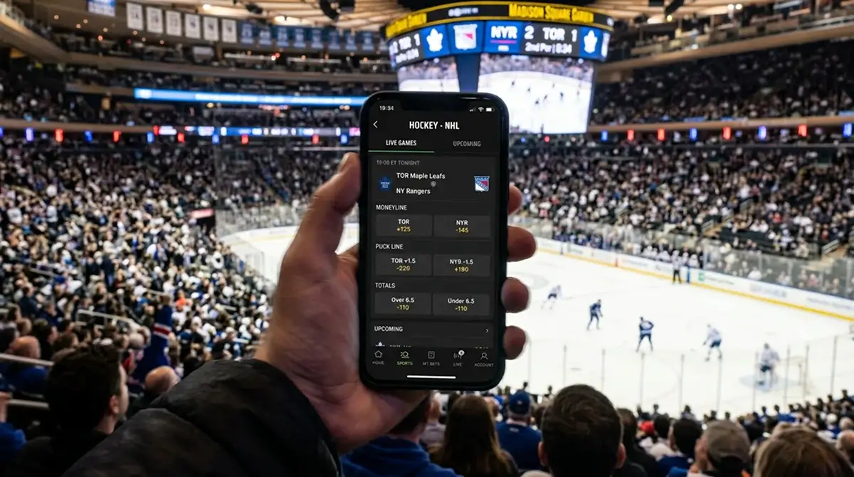 UK sportsbook screen showing NHL moneyline and puck line markets
