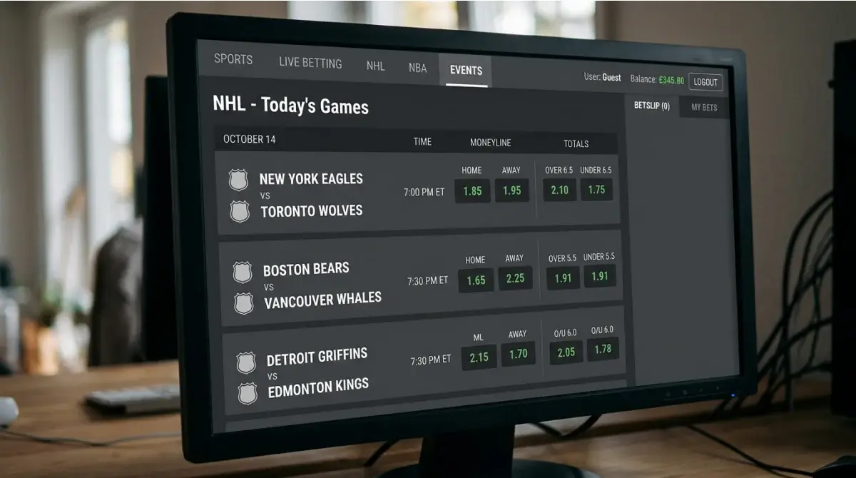 Sportsbook screen showing NHL moneyline odds and totals lines