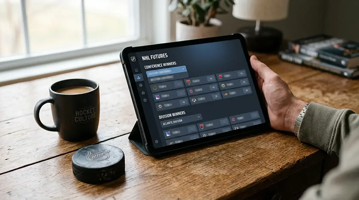 NHL conference and division futures side-market layout on tablet display