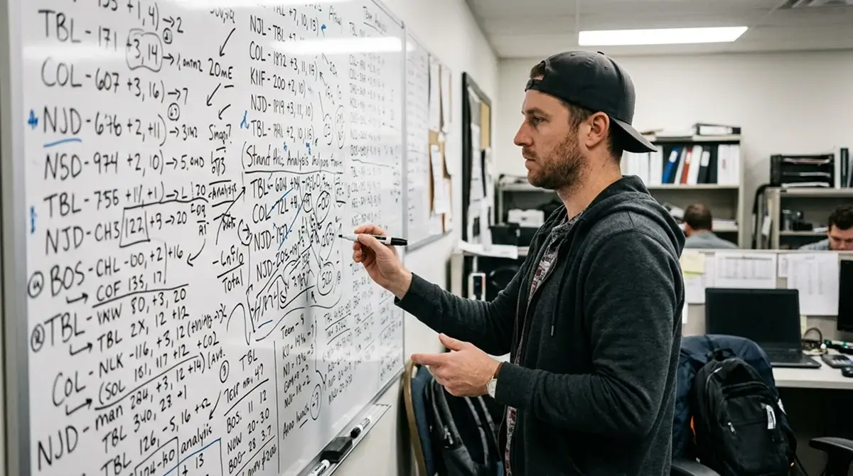 Sports bettor reviewing NHL Stanley Cup futures team strength notes on whiteboard