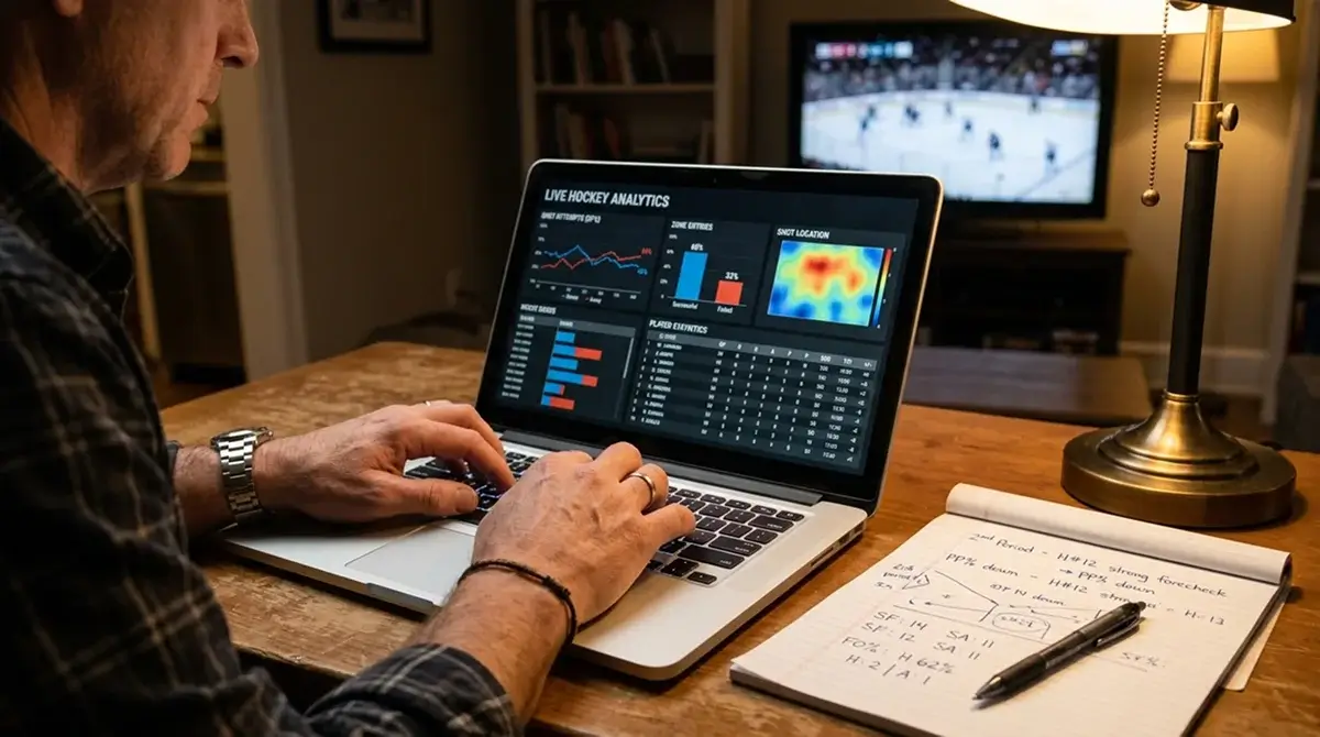 Hockey analyst reviewing NHL match data on a laptop
