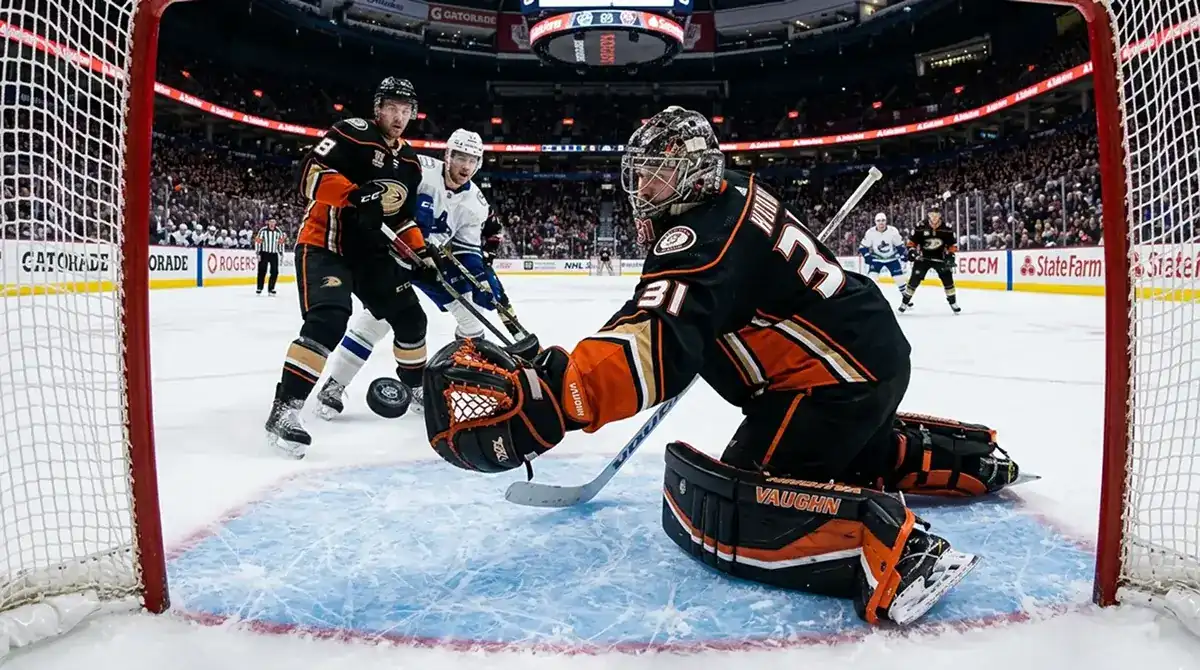 NHL goaltender making save in tight low-scoring game