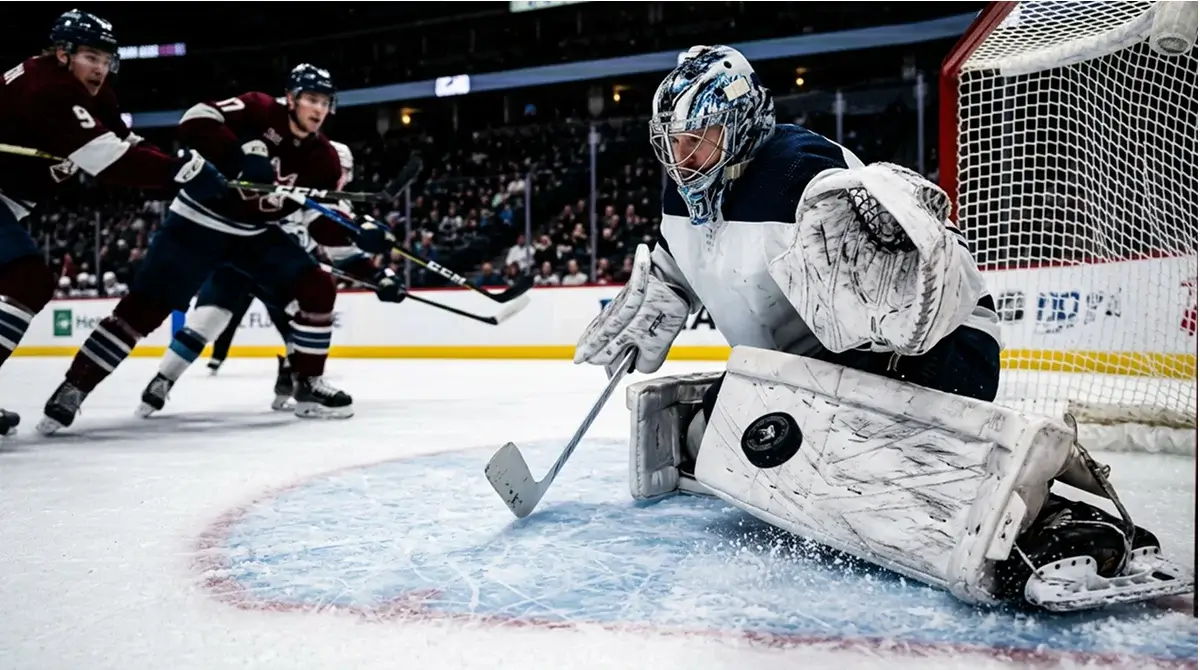 NHL goaltender extending a pad to make a save during a moneyline-priced game