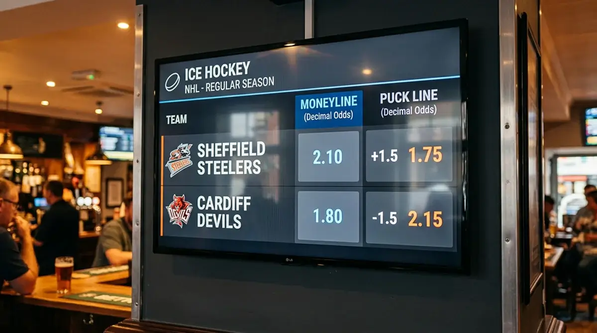 Sportsbook board displaying ice hockey moneyline and puck line markets side by side
