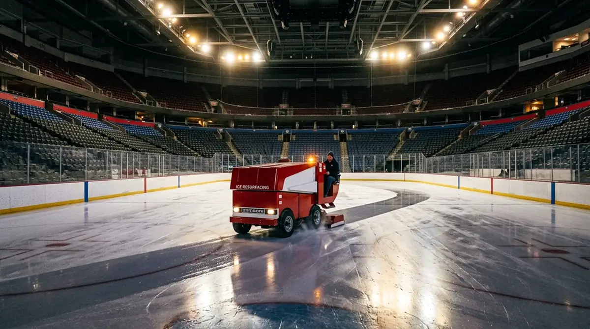 Ice resurfacing machine preparing NHL arena ice surface