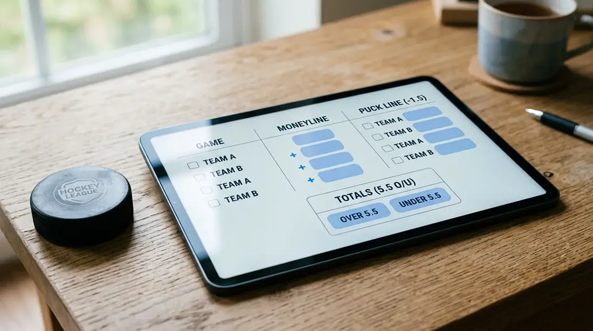 Tablet displaying NHL ice hockey market depth with moneyline puck line and totals