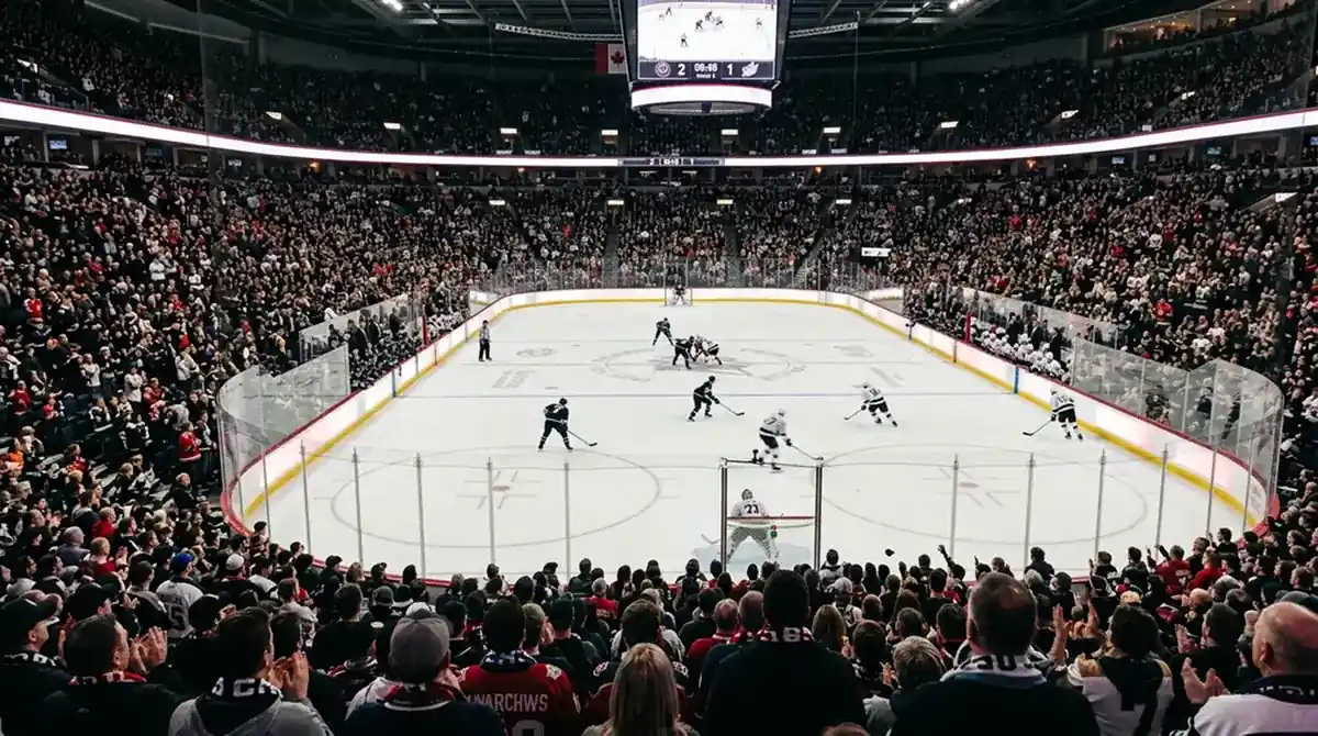Intense NHL playoff action with players battling along the boards