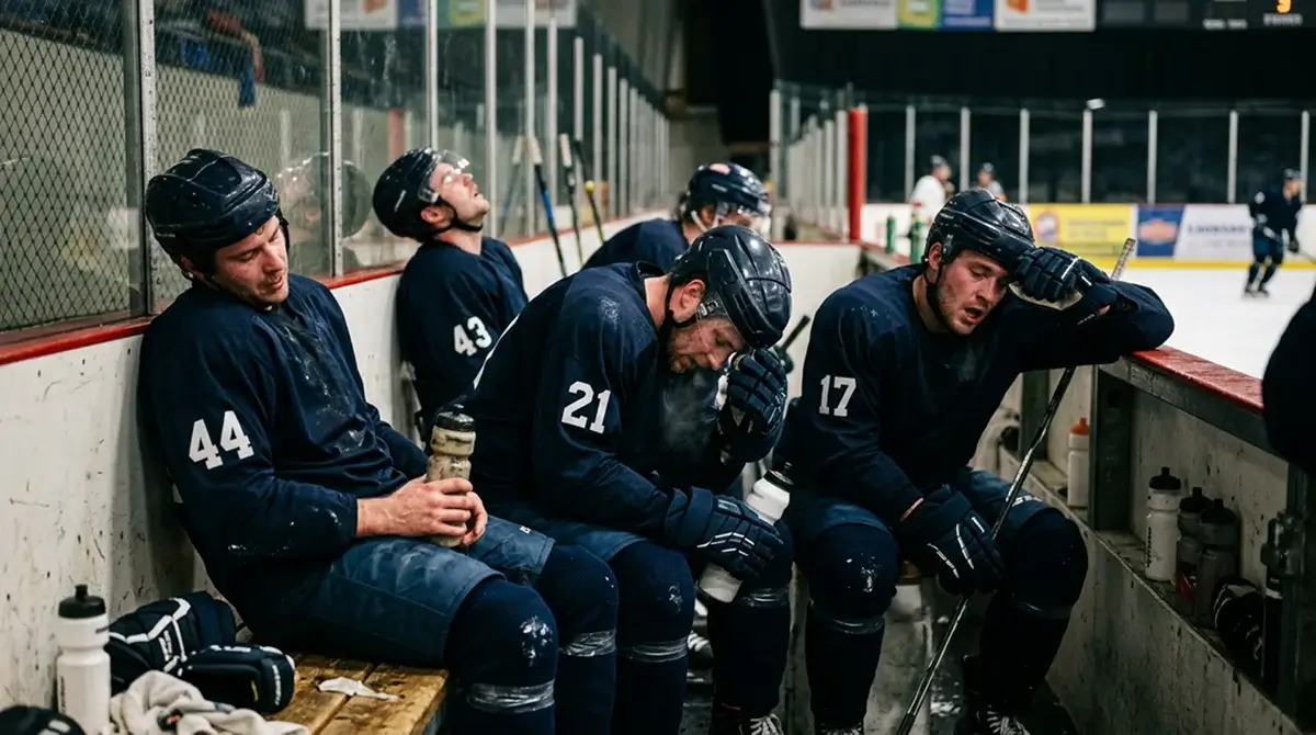 Tired NHL players on the bench during a road back-to-back game