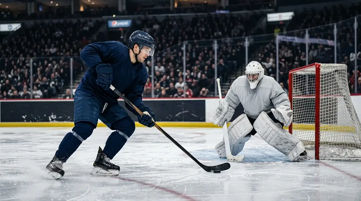 NHL skater taking a shootout attempt against the goaltender during overtime decider