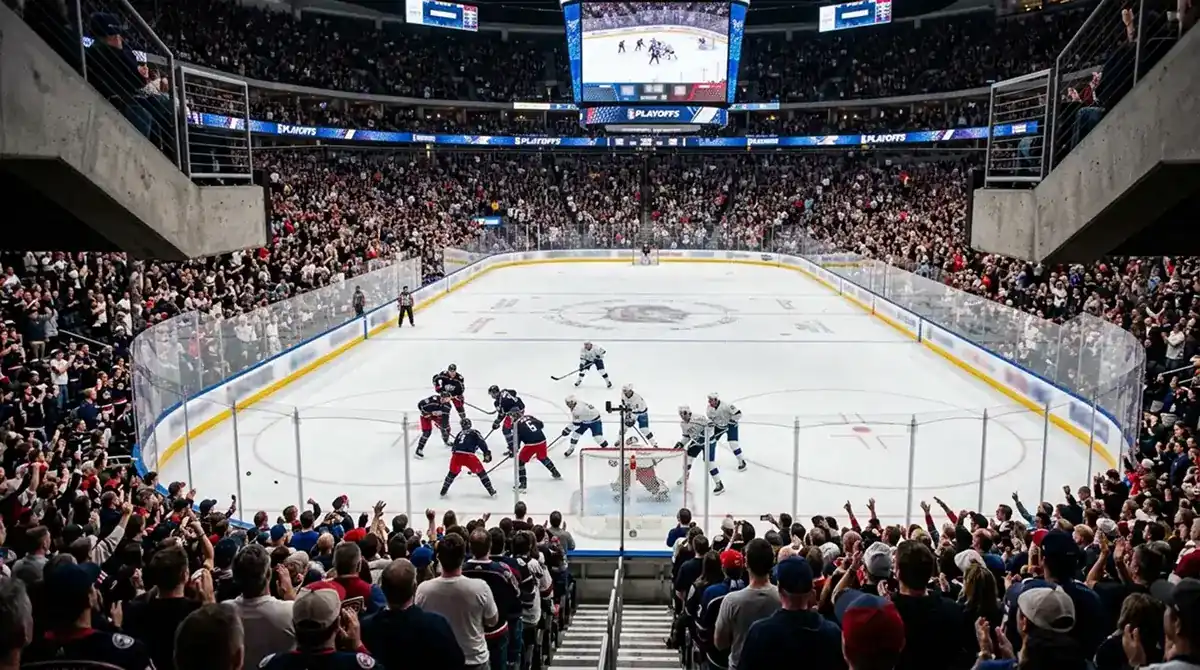 NHL Stanley Cup final-style late-game moment with crowd on their feet