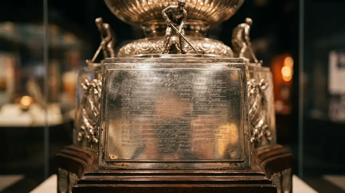 Detail shot of an engraved NHL trophy plate on display