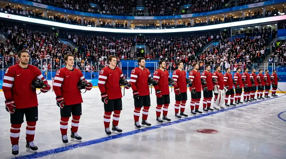 International ice hockey players standing on blue line before Olympic tournament game