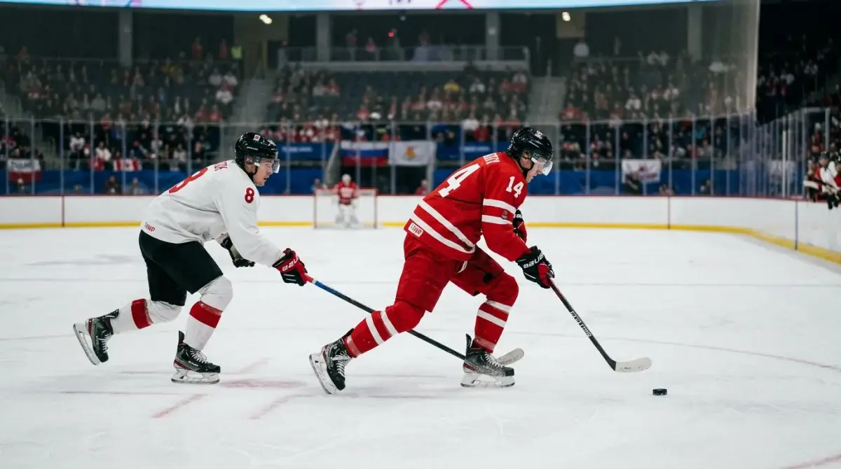 Olympic ice hockey on the wider international ice surface during a knockout match