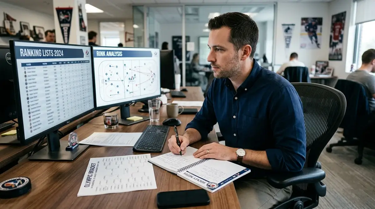 Sports analyst studying Olympic ice hockey team strength rankings on dual monitor