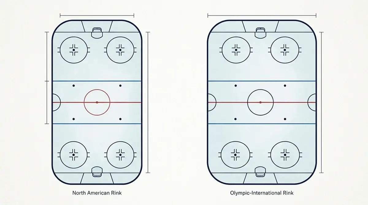 Diagram comparing NHL-size ice hockey rink with Olympic-international rink