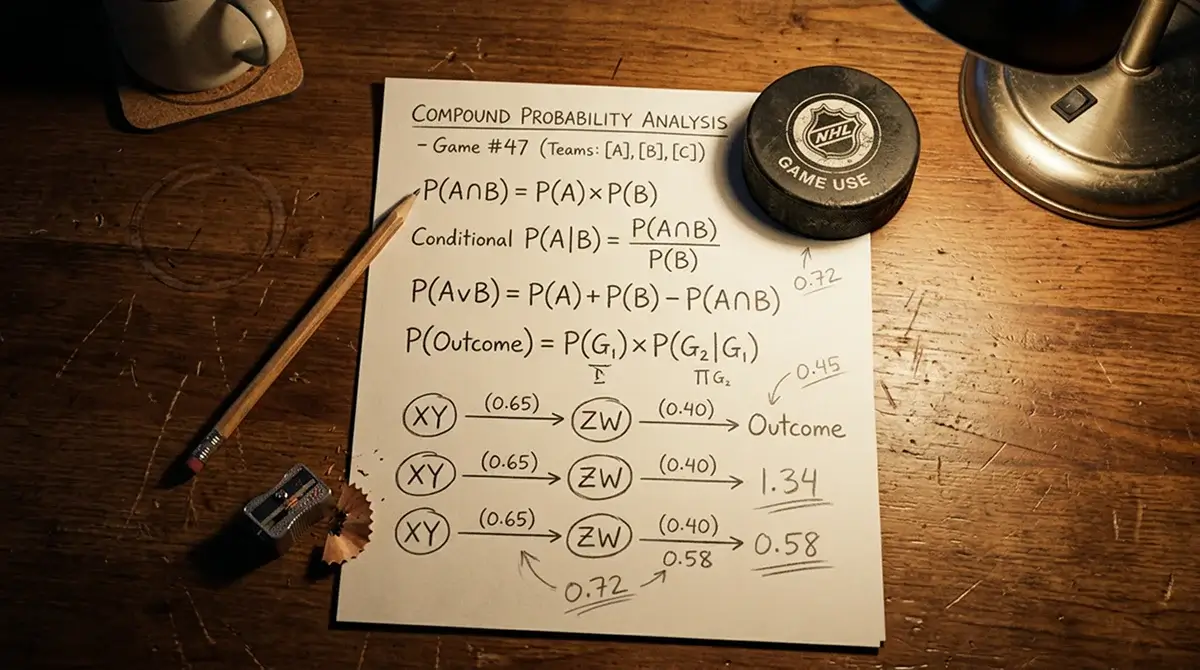 Sports analyst working through compound probability for hockey accumulator