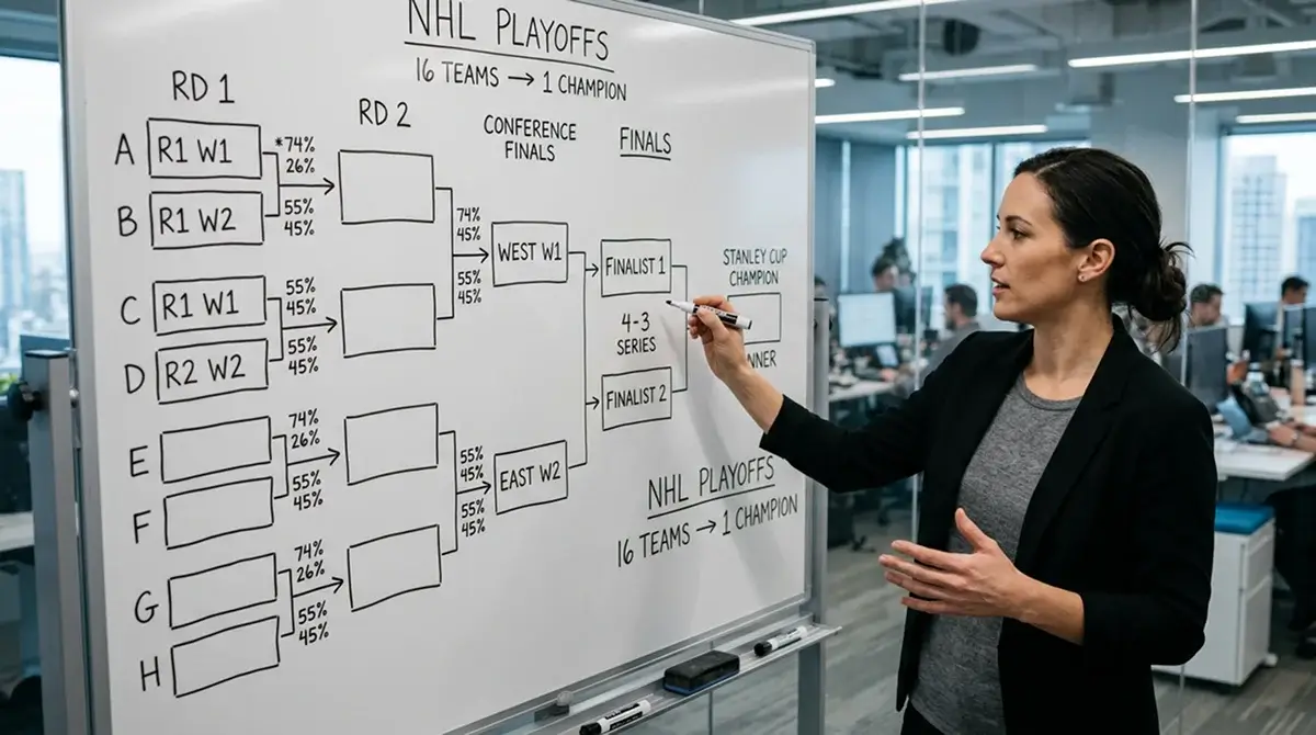 Bettor mapping NHL playoff bracket path on whiteboard with compound probability chain
