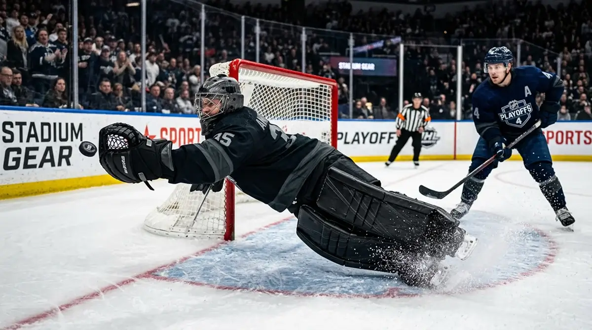 NHL playoff goaltender making high-danger glove save during Stanley Cup playoff game