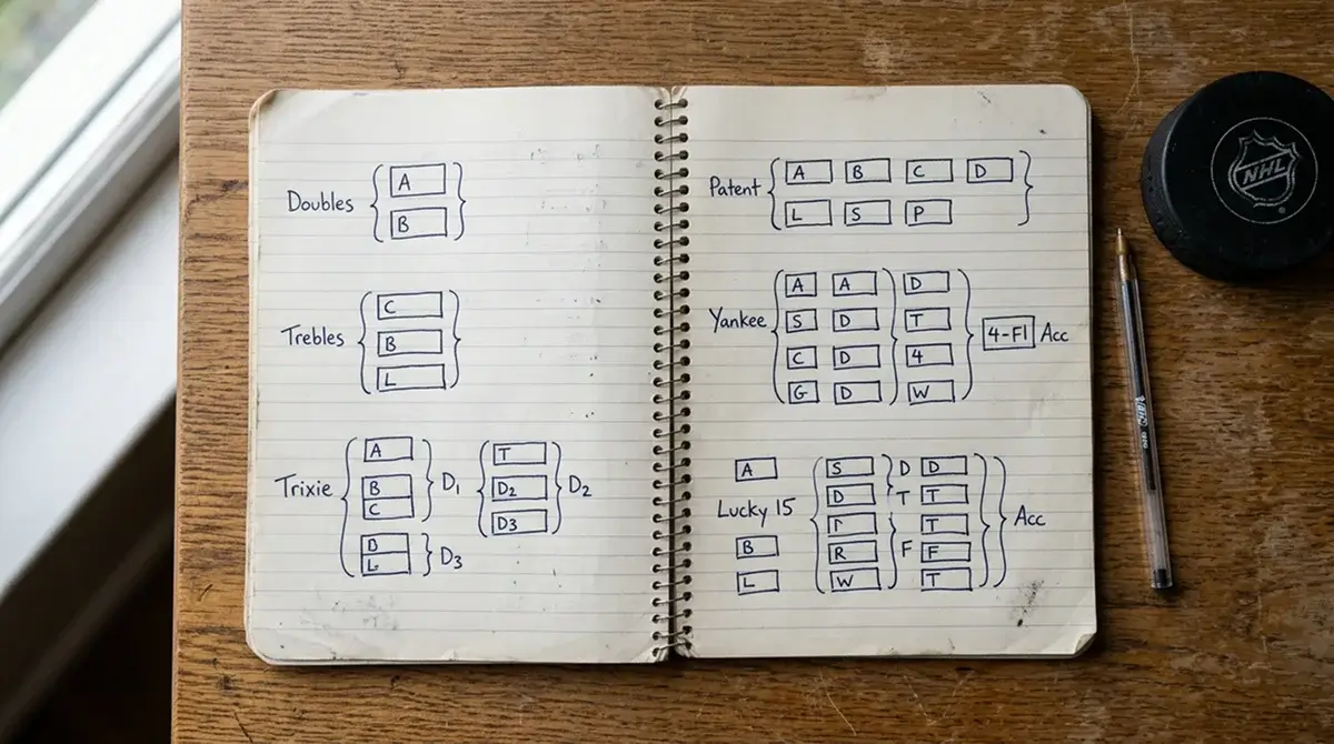 Bettor reviewing common UK accumulator formats yankee trixie patent in notebook