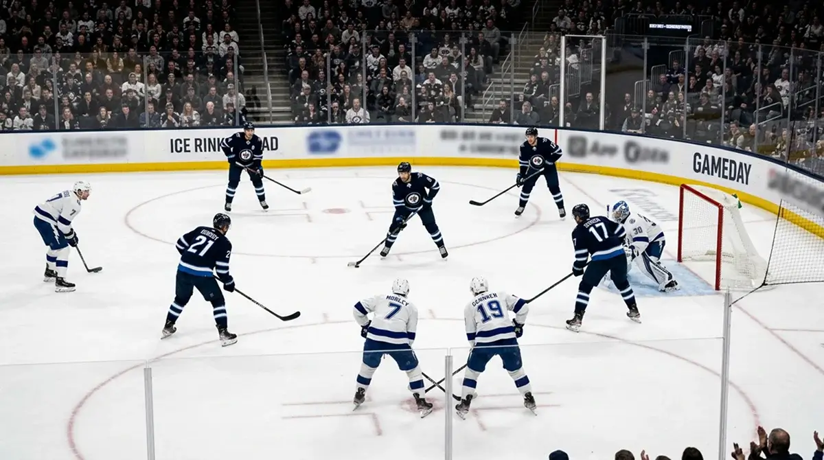 NHL power play unit set up in the offensive zone with five attackers in formation