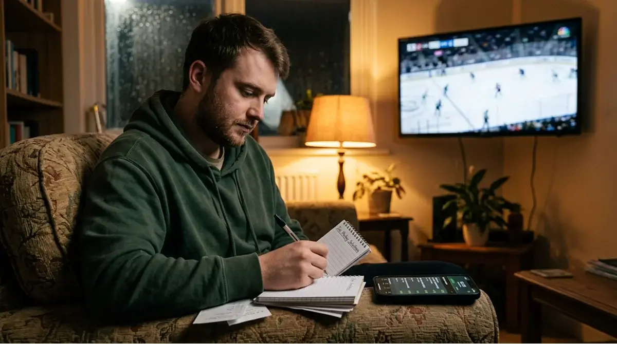 UK punter recording betting decisions in a notebook during a live ice hockey game