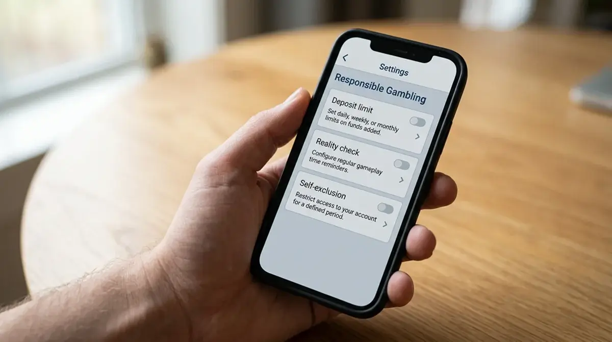 Mobile sportsbook settings screen showing deposit limit, reality check and self-exclusion controls