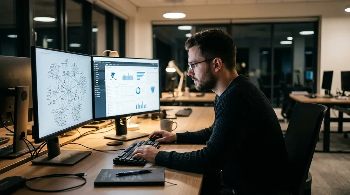 Sports analyst evaluating same-game parlay correlated legs on dual monitor setup