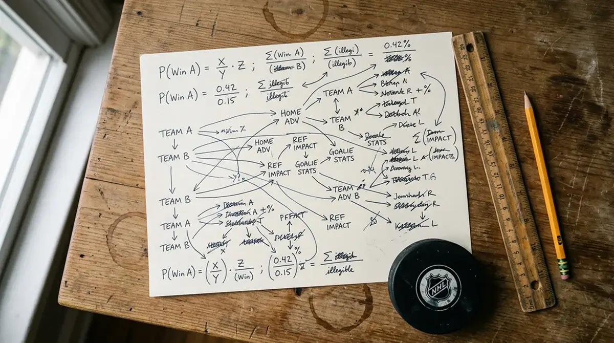 Sports analyst calculating NHL series-winner implied probabilities on paper