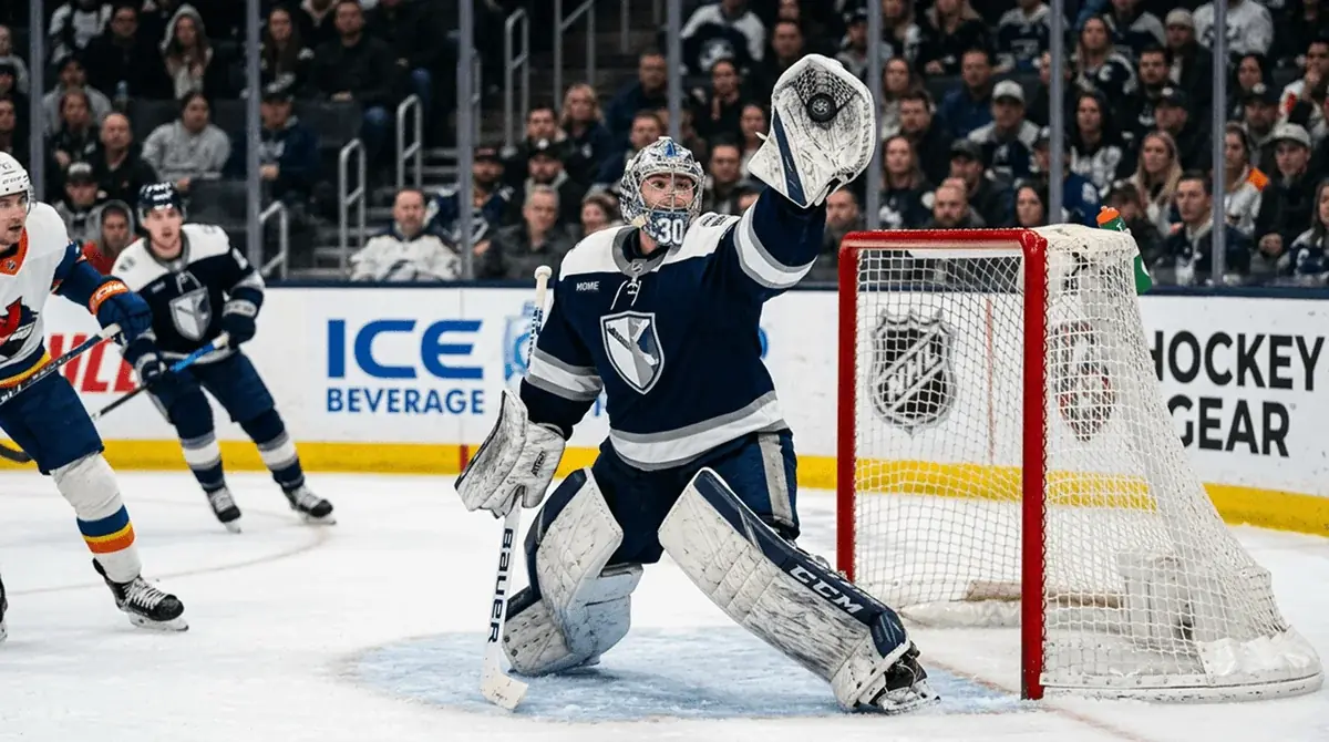 SHL goaltender making a glove save on a high shot