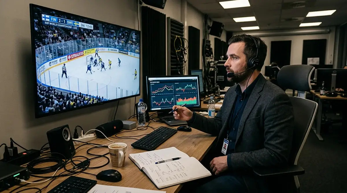 Sports analyst tracking 4 Nations Face-Off line movement on multiple screens