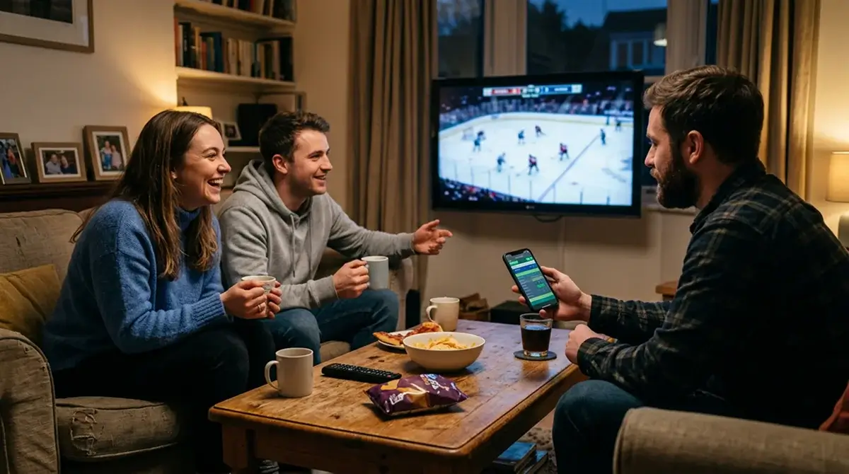 Friends watching ice hockey on television and discussing small-stake accumulator