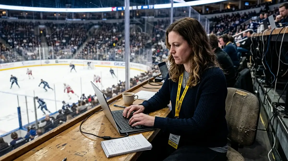 Ice hockey beat reporter typing on a laptop in the press area before puck drop