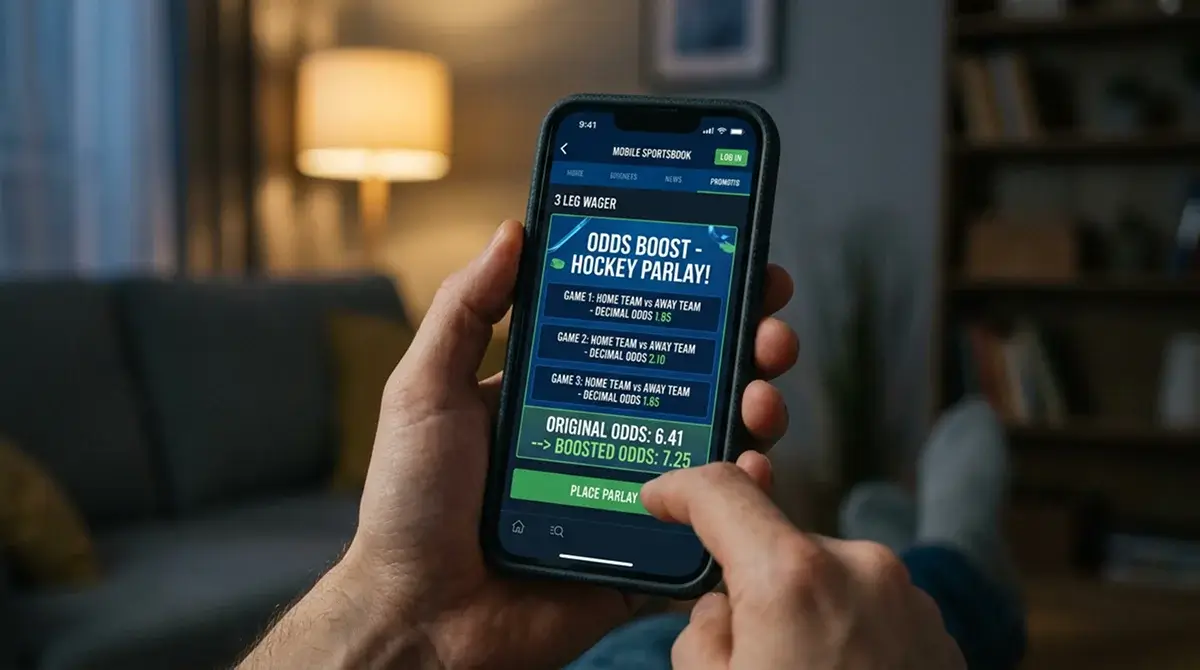 Mobile sportsbook screen showing an ice hockey same-game parlay boost promotion