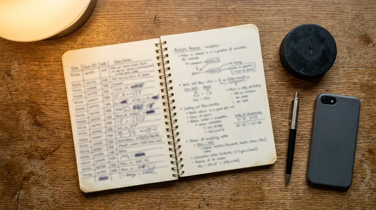 Hockey bettor reviewing Stanley Cup futures staking notes in personal log book